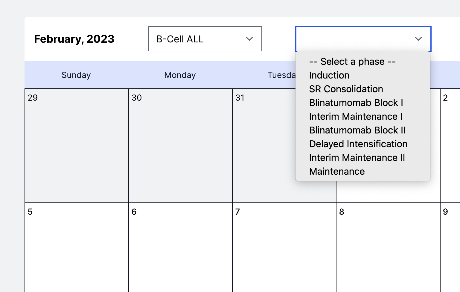 Screenshot of slecting a protocol phase.